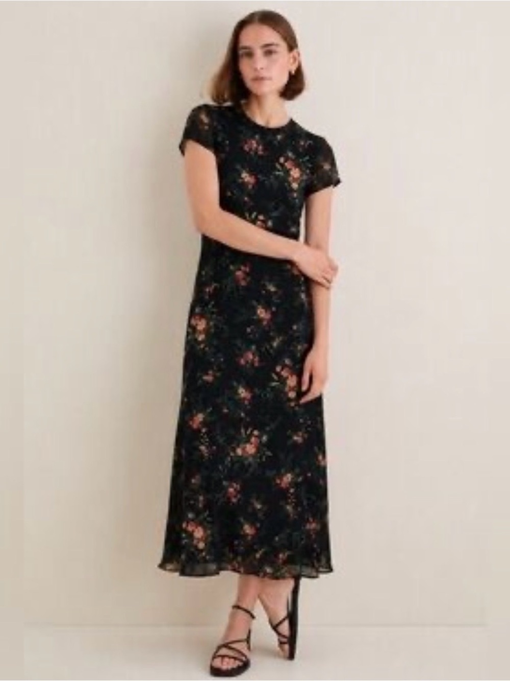 Vintage Lauren Ralph Lauren 100% Silk Chiffon Floral Maxi Dress Black Sz 14 90s